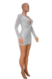 Women'S Spring Fashion Sequin V-Neck Ruched Slim Fit Bodycon Dress