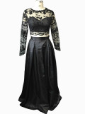 Elegant Black lacemesh Embroidered Long Sleeve Two-Piece Party Skirt Set