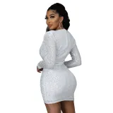 Women'S Spring Fashion Sequin V-Neck Ruched Slim Fit Bodycon Dress