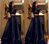 Elegant Black lacemesh Embroidered Long Sleeve Two-Piece Party Skirt Set