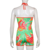 Damen Sommer Sexy Cutout Print Low Back Strap Neckholder Short Jumpsuit