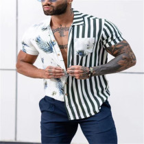 Yaz Plaj Moda Trendi Erkek Kısa Kollu Gömlek Çizgili Patchwork Baskı Günlük Erkek Gömlek