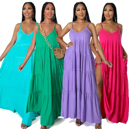 Kadın Düz Renk Moda Günlük Askı Gevşek Maxi Elbise