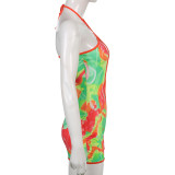 Damen Sommer Sexy Cutout Print Low Back Strap Neckholder Short Jumpsuit