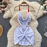Schlanke Taille, schmale Passform, bedrucktes Ketten-Neckholder-Kleid, Sommer-Frauen, kleines, figurbetontes Kleid