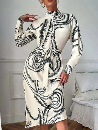 Elegante midi-jurk met abstracte kunst en geometrische print met lange mouwen