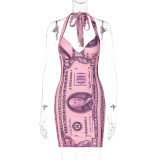 Damen Herbst Mode Dollar Print V-Ausschnitt Low Back Tie Bodycon Kleid