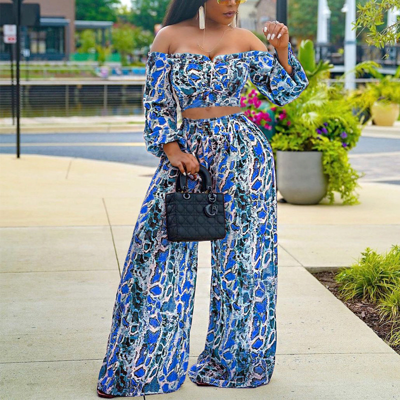 Women's Sexy Off Shoulder Long Sleeve Cropped Top Printed Wide Leg