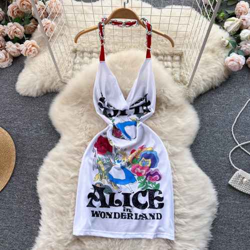 Vestido ceñido al cuerpo con cintura delgada y corte ajustado con cadena estampada y cuello halter para mujer de verano