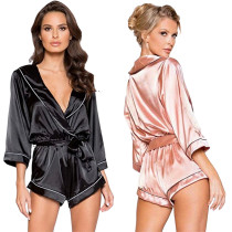 Otoño damas pijamas sexy suelta una pieza cardigan homewear