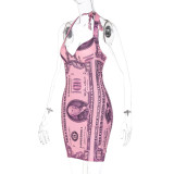 Damen Herbst Mode Dollar Print V-Ausschnitt Low Back Tie Bodycon Kleid