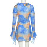 Herbst-Winter-Frauen Bell-Bottom-Ärmel Lace-Up Umlegekragen Fashion Print Chic Slim Dress Women