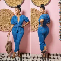 Women's Fashion Loose Denim Short Sleeve Jumpsuit