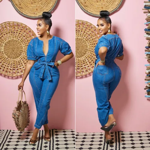 Women's Fashion Loose Denim Short Sleeve Jumpsuit