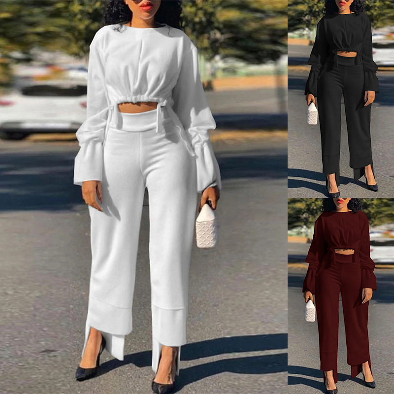 Solid Spring Chic Cropped Top Casual High Waist Straight Pants Two Piece Set  - The Little Connection