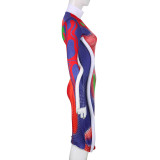 Body Print Tie Dye Kontrastfarbe Eng anliegender halber Rollkragen Langarm Patchwork Baumwolle Streifen Stil High Fashion Kleid