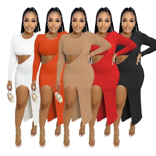 Women's Long Sleeve Solid Tight Fitting Sexy Open Waist Dress Two Piece Set