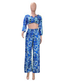 Women's Sexy Off Shoulder Long Sleeve Cropped Top Printed Wide Leg Pants  Two Piece Set
