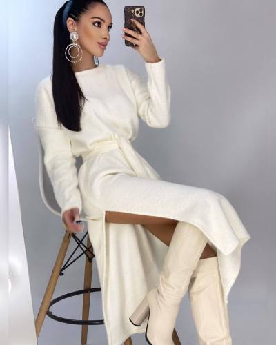 Autumn and Winter Solid Versatile High Slit Fleece Long Sleeve Long Dress