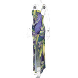 Damen-Herbstmode-Print, schmales Schlitzkleid mit niedrigem Rücken und trägerlosen Trägern