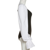 Herbst/Winter Damen Glockenärmel Kontrastfarbe Patchwork T-Shirt Quadratischer Ausschnitt Schmaler Bodysuit