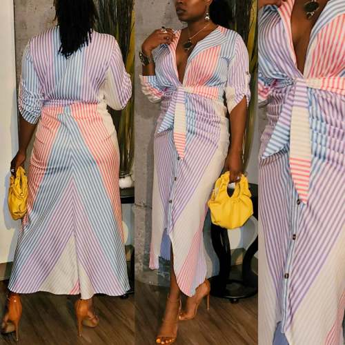 Women Striped Color blocking Long Sleeve Shirt Dress