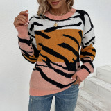 Women Round Neck Colorblock Tiger Print Sweater