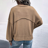 Women Autumn and Winter Pocket Solid Color Lantern Sleeve Sweater