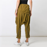 Women Casual Fall Sleeve Lace-Up corduroy Pocket Cropped Pants