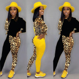 Damen Casual Leopard Print Kontrast Langarm Top + Hose zweiteiliges Set