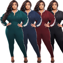 Plus Size Damen Patchwork Reißverschluss Kapuze Langarm Top + Hose zweiteiliges Set