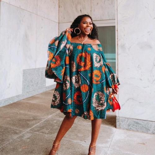 African Plus Size Women Off Shoulder Bell Bottom Sleeve Print Dress