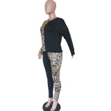 Women Casual Leopard Print Contrast Long Sleeve Top+ Pants Two-Piece Set
