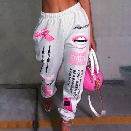Plus Size Women Printed Elastic Waist Track Pants