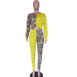 Women Casual Leopard Print Contrast Long Sleeve Top+ Pants Two-Piece Set