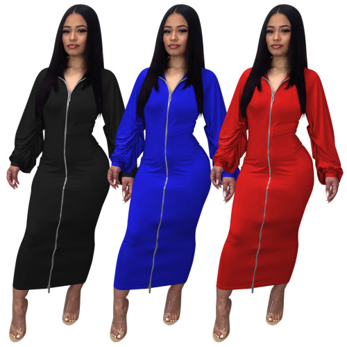 Kadın Sonbahar/Kış Düz Renk Fermuar Pileli Kol Uzun Elbise