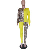 Damen Casual Leopard Print Kontrast Langarm Top + Hose zweiteiliges Set