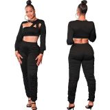 Women autumn and winter hollow pleated sexy long-sleeved TOP+ Pant two-piece set