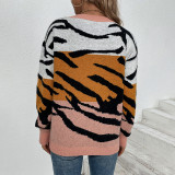 Women Round Neck Colorblock Tiger Print Sweater