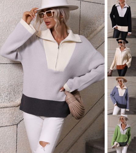 Autumn And Winter Pullover Zipper Color-Blocking Knitting Long-Sleeved Knitting Women'S Sweater