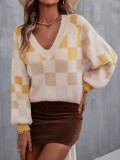 Autumn Women'S V-Neck Plaid Contrast Color Plus Size Knitting Shirt Pullover Sweater