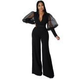 V Neck Mesh Puff Sleeve Chic Style Women'S Loose Bell Bottom Jumpsuit