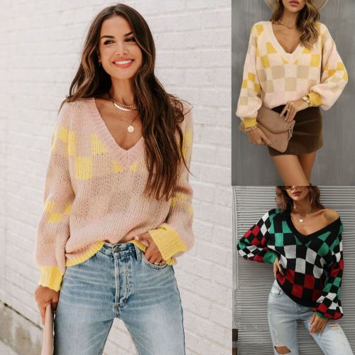 Herbst Damen V-Ausschnitt Plaid Kontrastfarbe Plus Größe Strickhemd Pullover Pullover