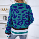 Women Fall/Winter Round Neck Pullover Knitting Shirt Contrast Color Leopard Print Sweater