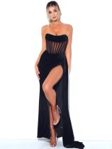 Zomer effen vrouwen lage rug strapless slanke taille sexy split avond maxi jurk