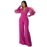 V Neck Mesh Puff Sleeve Chic Style Women'S Loose Bell Bottom Jumpsuit