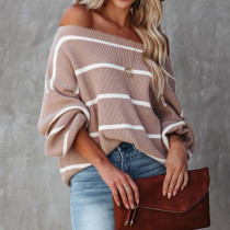 Women'S Autumn And Winter Off Shoulder Striped Knitting Shirt Sexy Lantern Sleeve Sweater