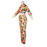 Spring/Summer Knotted Crop Print Turndown Collar Shirt Pants Suit Fall/Winter Women'S Two Piece Set