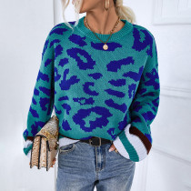 Jersey de cuello redondo de otoño/invierno para mujer, camisa de punto, suéter con estampado de leopardo de Color en contraste