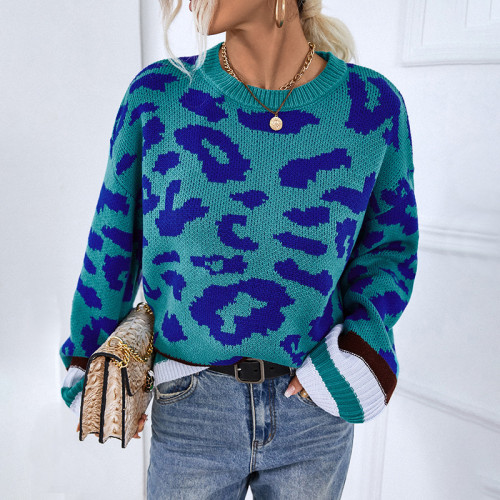 Женщины осень/зима круглый вырез пуловер вязание рубашка контрастного цвета леопардовый принт свитер